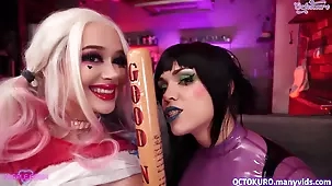 Harley and Octokuro engage in a thrilling threesome with a purple-haired vixen