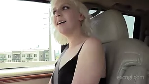 Brittney's first time on camera in a car with blonde babe tags